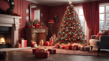 Fototapeta na wymiar The interior of living room with fireplace decorated Christmas tree, Background design for cards