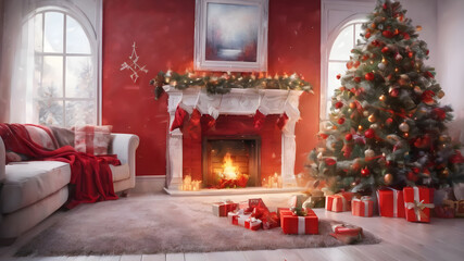 Watercolor interior of living room with fireplace decorated Christmas tree, Background design for cards