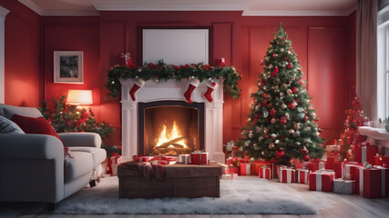 The interior of living room with fireplace decorated Christmas tree, Background design for cards