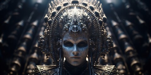 Focused shot of an alien, intricate patterns on its face, donning a Mesopotamian royal crown, with cuneiform tablets in the background - obrazy, fototapety, plakaty