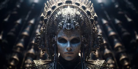 Fotobehang Focused shot of an alien, intricate patterns on its face, donning a Mesopotamian royal crown, with cuneiform tablets in the background © EOL STUDIOS