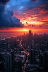 bird's eye cityscape at sunset, with clouds: Konohagakure