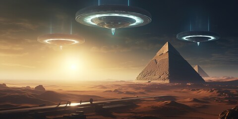 Giant pyramids of Egypt, with a massive hovering spaceship UFO casting a shadow, ancient aliens - obrazy, fototapety, plakaty