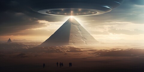 Giant pyramids of Egypt, with a massive hovering spaceship UFO casting a shadow, ancient aliens - obrazy, fototapety, plakaty