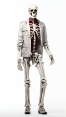 A full-length human skeleton is dressed in a stylish white jacket on a white background