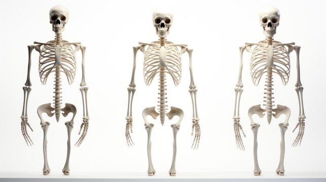 three human skeletons on a white background. Human anatomy and structure of the human body. For medical brochures, articles, books and other scientific and educational sources.