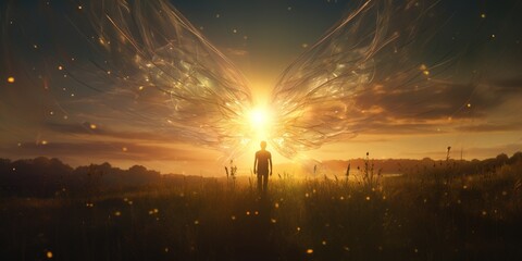 In a serene meadow, an alien with shimmering wings and graceful tendrils floats down to meet an awe-struck human who reaches out hesitantly, as radiant beams of light create a magical atmosphere - obrazy, fototapety, plakaty