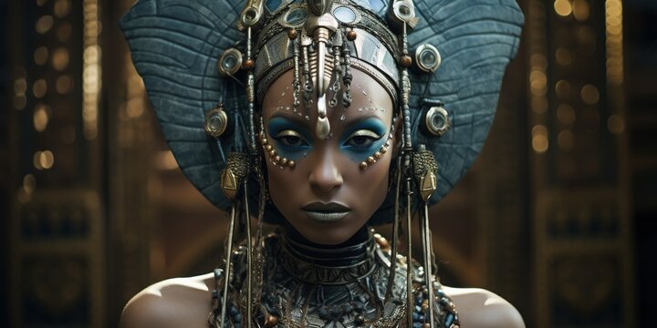 Intense gaze of an alien with elongated features, wearing intricate Indus Valley jewelry and a headdress, against a backdrop of old scriptures