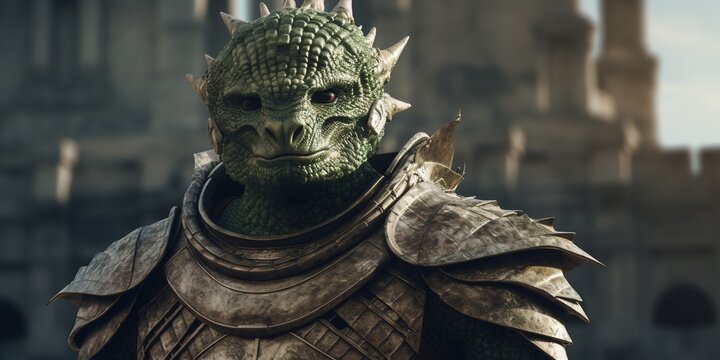 Portrait of a reptilian alien, green and scaly, with a crest of spikes running down its head, donned in ancient Roman armor, amidst a coliseum backdrop