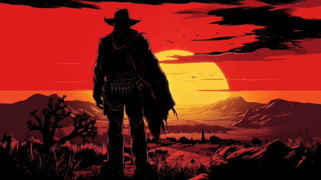 A cowboy with a sunrise sunset background
