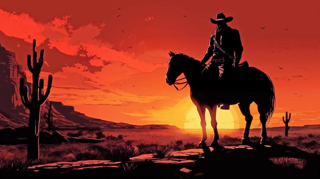A cowboy and his horse illustration with a sunrise sunset background