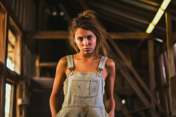 Fototapeta premium Tan or dirty young farmworker in denim overalls, topless.