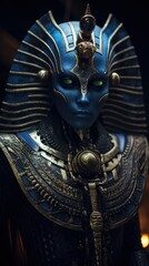 Portrait of an alien being with shimmering blue skin, adorned in ancient Egyptian royal attire, holding a golden ankh
