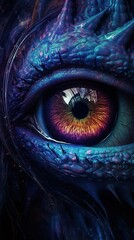The mesmerizing eyes of an alien creature are captured in vivid detail, each iris a swirling galaxy of colors, with depth and mystery suggesting intelligence beyond comprehension