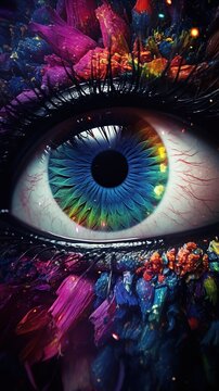 The mesmerizing eyes of an alien creature are captured in vivid detail, each iris a swirling galaxy of colors, with depth and mystery suggesting intelligence beyond comprehension
