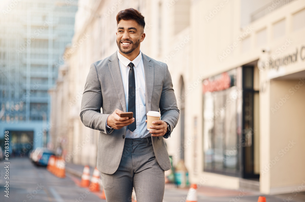 Wall mural Phone, walking and business man in city for social media, networking and website on morning commute. Travel, professional and happy male worker in road with coffee and smartphone for internet in town