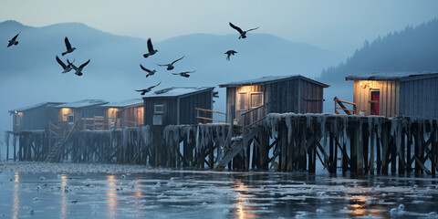Alaskan fishing village, wooden huts on stilts, surrounded by icy water, eagles flying