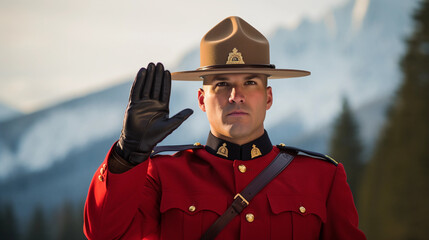 Canadian Mountie in full dress uniform, saluting against a backdrop of the Rocky Mountains. Early morning light, attention to the details on the hat and red serge