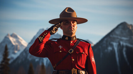Canadian Mountie in full dress uniform, saluting against a backdrop of the Rocky Mountains. Early morning light, attention to the details on the hat and red serge