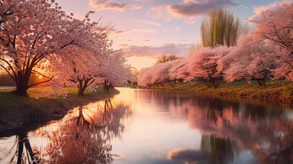 Zelfklevend Fotobehang Cherry blossom trees along a river, golden hour, reflection on water, glowing in the setting sun © Marco Attano