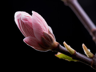 Close-up of cherry blossom bud opening, detailed texture, crisp and sharp, first light of dawn
