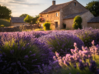 French countryside village, stone houses, lavender fields in bloom, wooden shutters