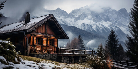 Mountain village in Switzerland, wooden chalets, snow-covered peaks in background, outdoor fireplace