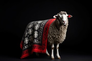 a sheep wearing a blanket in a room with a gray wall and black background, with a red and white design on its front. Generative AI