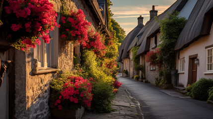 Fototapeta na wymiar Quaint English village, thatched-roof cottages, cobblestone streets, vibrant flower gardens, a sunny afternoon