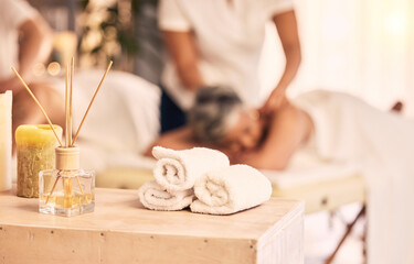 Obraz na płótnie Canvas Spa massage, aroma candle stick and woman at beauty salon for wellness, spiritual service and physiotherapy. Scent smell, aromatherapy incense or relax person with zen peace, calm or masseuse support