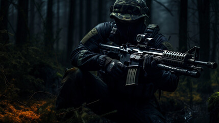 Fototapeta na wymiar soldier in modern uniform, in action, night mission. Equipped with night-vision goggles, dark forest in the background, subdued lighting with moonlight glow
