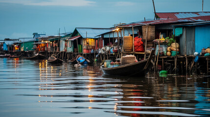 Fototapeta na wymiar Vietnamese floating village, houses on stilts, colorful boats, water reflections, people fishing