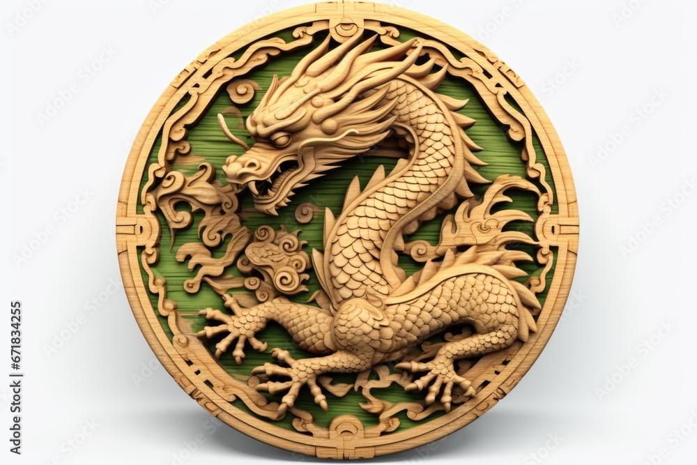 Aufkleber a wooden plaque featuring a intricately carved dragon design, placed against a clean white backgroun