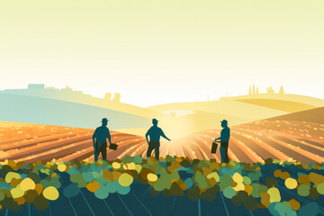 Pair of farmers working in a vineyard under morning sunlight.