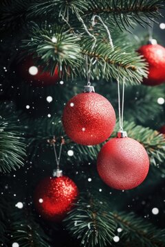 A festive image featuring two red ornaments hanging from a Christmas tree. This picture can be used to add a touch of holiday spirit to any project.