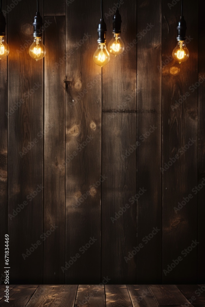 Poster three light bulbs are hanging from a wooden wall. this image can be used to represent creativity, in