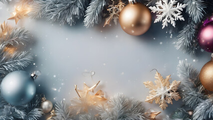 Fototapeta na wymiar christmas tree decoration, Winter themed home decor, red, green christmas ball, top view 