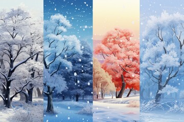A series of four paintings featuring trees covered in snow. These paintings capture the beauty and tranquility of winter landscapes. Perfect for adding a touch of nature and serenity to any space.