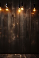 Three light bulbs are hanging from a wooden wall. This image can be used to represent creativity, innovation, and bright ideas in various settings.