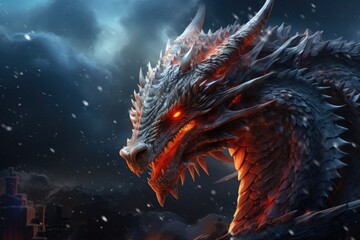 A close-up view of a dragon on a snowy day. This image can be used to depict fantasy creatures or add a touch of magic to winter-themed projects.