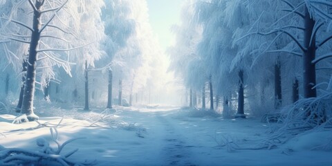 A picturesque snow covered path winding through a beautiful snowy forest. Ideal for winter-themed designs and backgrounds.