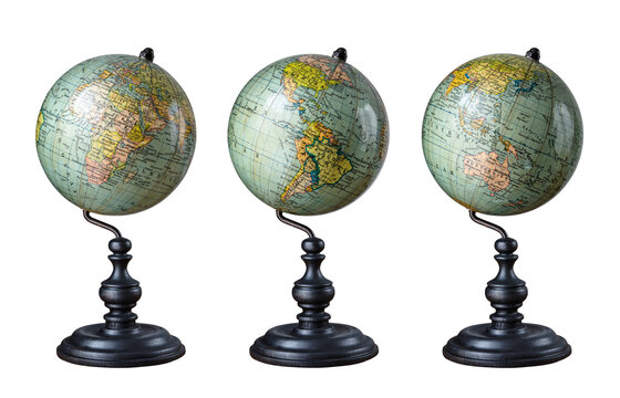 Old world Globe isolated on white background. Three hemispheres of the globe in antique style. South and North America and Africa, Asia, Europe, Australia.