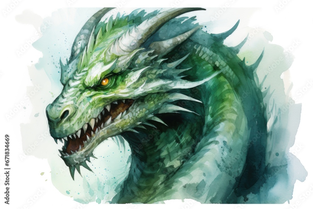 Poster A painting of a fearsome green dragon with sharp teeth. This image can be used to add a touch of fantasy and excitement to various creative projects.