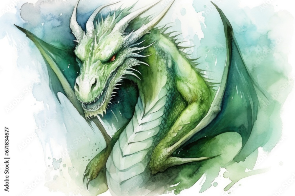 Poster A vibrant watercolor painting of a green dragon. Perfect for adding a touch of fantasy to your projects and designs.