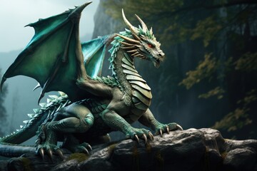 Fototapeta premium A statue of a dragon sitting on a rock. Perfect for fantasy-themed projects and decorations.