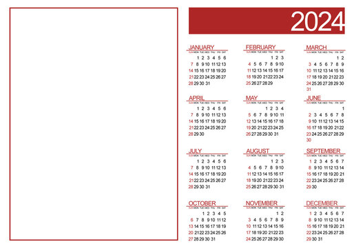 Two-page 2024 calendar. Red color and white background. Week from Sunday to Saturday. Blank space for text, logo or image.