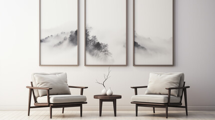 Minimalist Interior with Foggy Mountain Landscape Art and Neutral Toned Furnishings