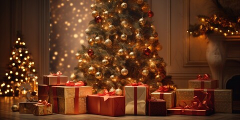 A festive Christmas tree with beautifully wrapped presents in front of it. Perfect for holiday-themed designs and advertisements.