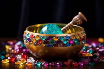 Beautiful singing bowl with colorful crystal gems: a melodious fusion of sound and aesthetics. Generative AI