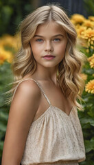 cute young blonde fashion model, smiling. garden background, summer dress, generative ai